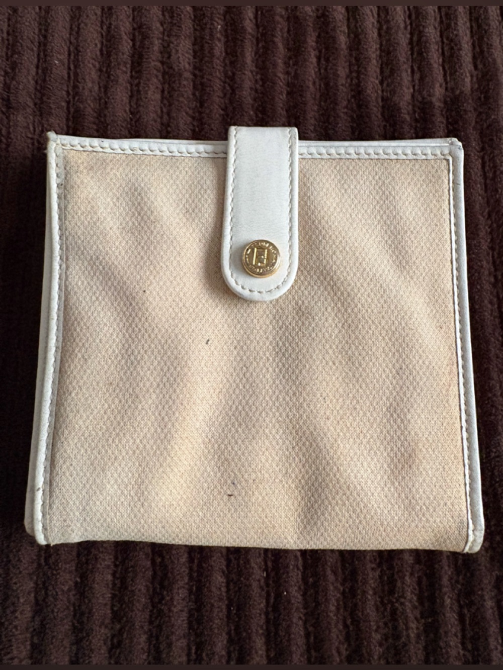 Vintage Fendi Beige and White Canvas & Leather Wallet Fendi Closure